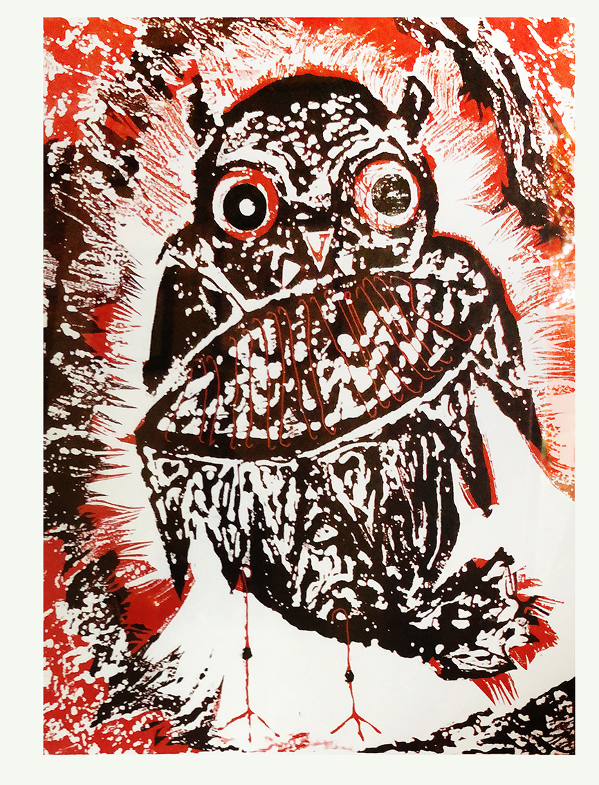 Artwork - Draculowl reduction etched lino Print | Steve Edwards - reduction etched lino