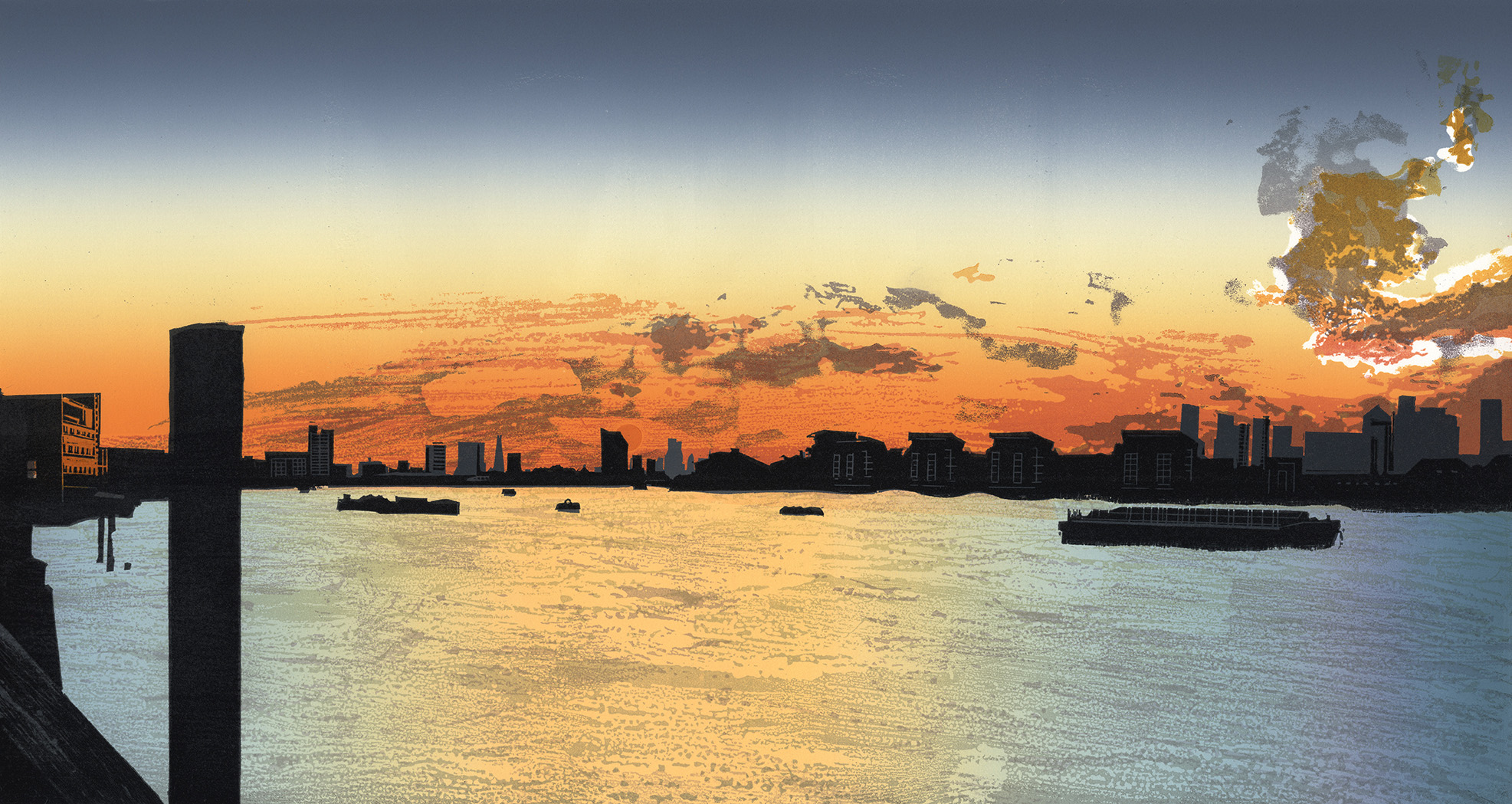 Artwork - Greenwich Sunset II etched and cut lino Print | Steve Edwards - etched and cut lino